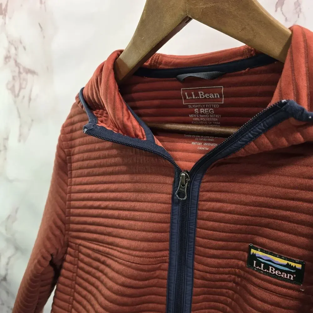 LL Bean Jacket Mens Small R Orange Airlight Hoodie Zip Quilted Slightly Fitted
